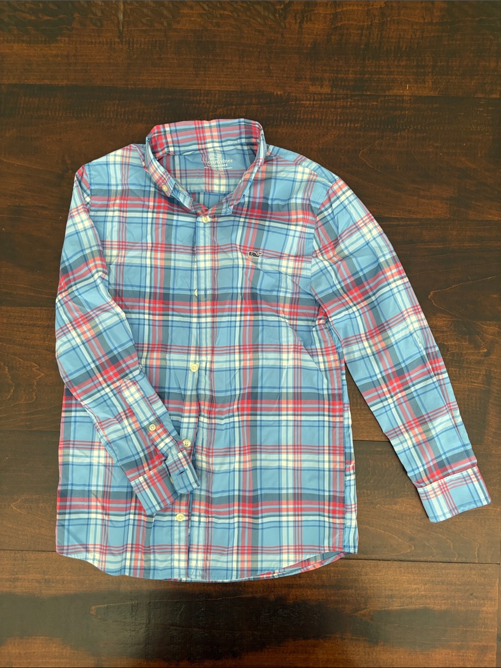 Vineyard Vines Light Blue and Red Plaid Button-Down Shirt, Boys Small, Like New.